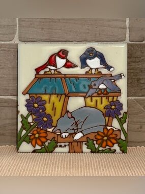VTG 1995 Earthtones Ceramic Art Tile "The Intruder" Sleeping Cat Songbirds
